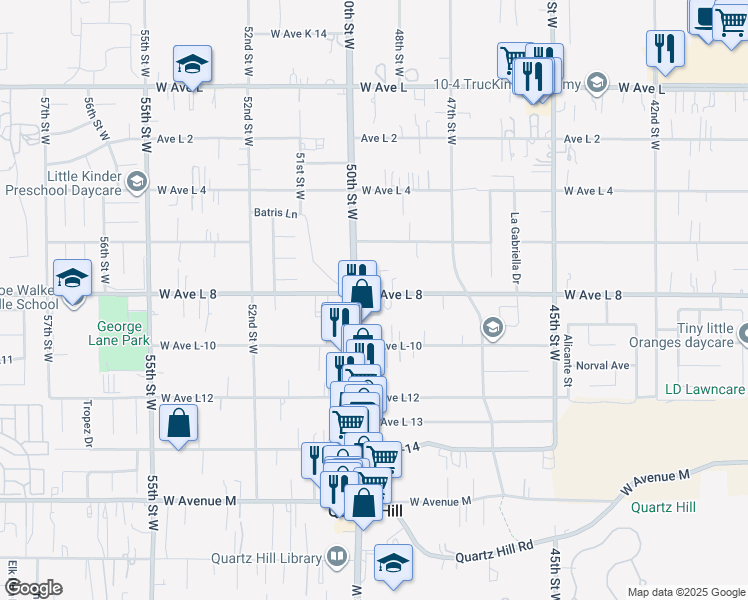 map of restaurants, bars, coffee shops, grocery stores, and more near 4840 West Avenue L8 in Lancaster