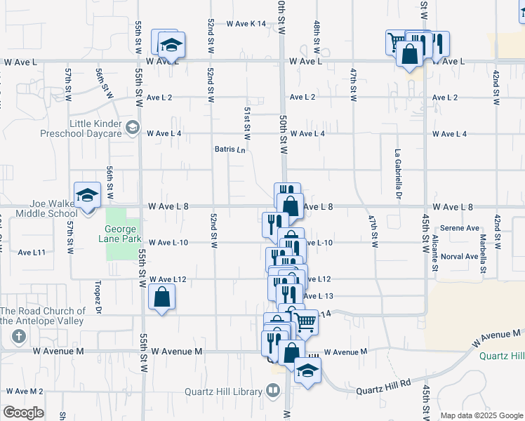 map of restaurants, bars, coffee shops, grocery stores, and more near 5026 West Avenue L8 in Quartz Hill