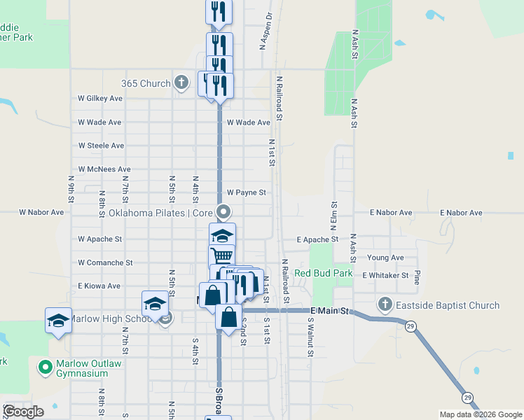 map of restaurants, bars, coffee shops, grocery stores, and more near 100 West Payne Street in Marlow