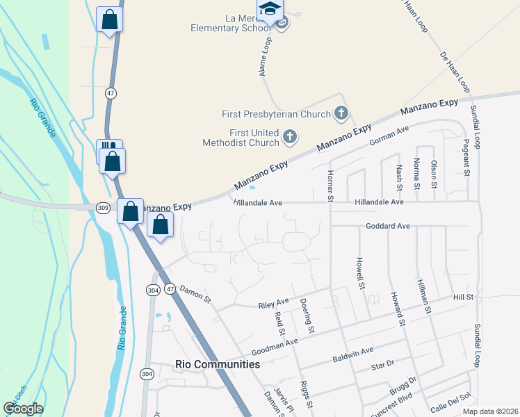 map of restaurants, bars, coffee shops, grocery stores, and more near 209 Hillandale Avenue in Belen