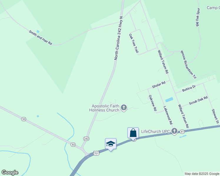 map of restaurants, bars, coffee shops, grocery stores, and more near North Carolina 242 Highway North in Elizabethtown