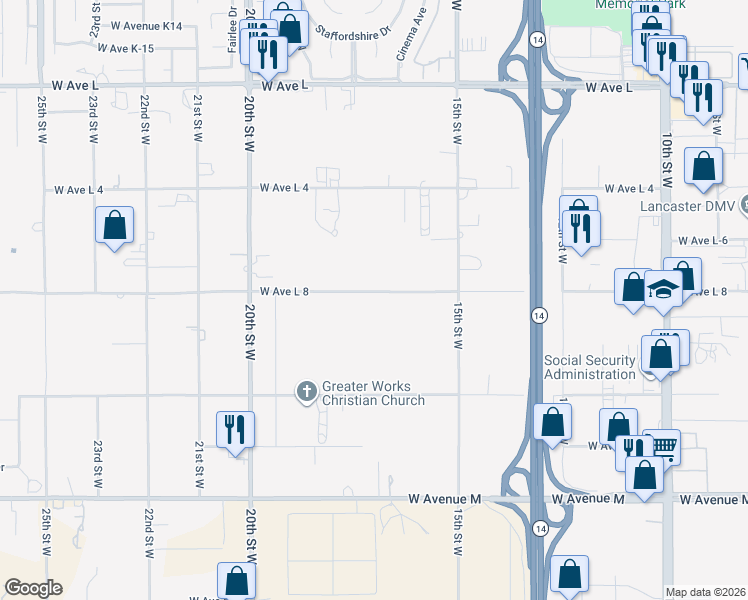 map of restaurants, bars, coffee shops, grocery stores, and more near 1642 West Avenue L8 in Lancaster