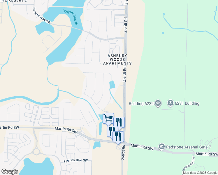 map of restaurants, bars, coffee shops, grocery stores, and more near 2420 Zierdt Road in Huntsville