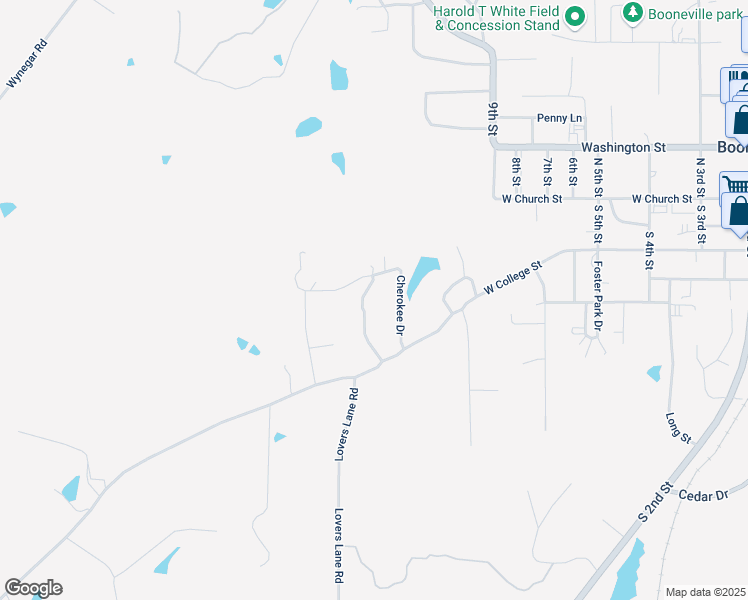 map of restaurants, bars, coffee shops, grocery stores, and more near 101-285 Cherokee Drive in Booneville