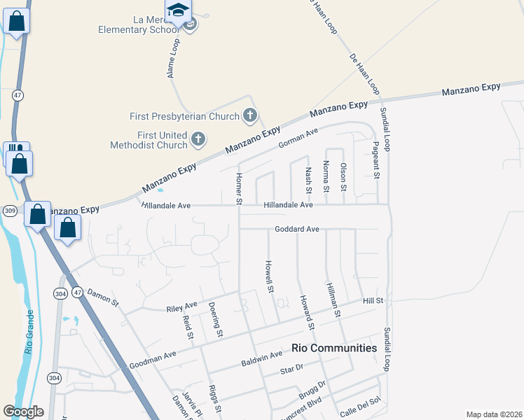 map of restaurants, bars, coffee shops, grocery stores, and more near 307 Hillandale Avenue in Belen