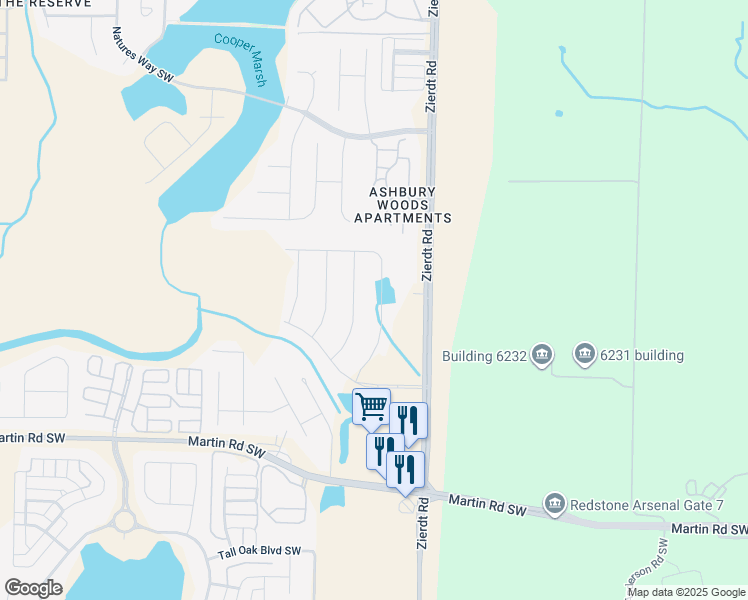map of restaurants, bars, coffee shops, grocery stores, and more near 2420 Zierdt Road in Huntsville