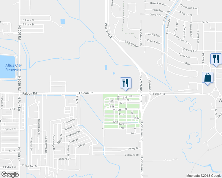 map of restaurants, bars, coffee shops, grocery stores, and more near 2219 Falcon Road in Altus