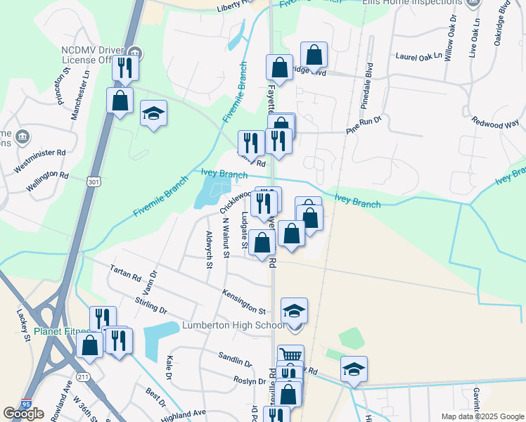 map of restaurants, bars, coffee shops, grocery stores, and more near 4384 Fayetteville Road in Lumberton