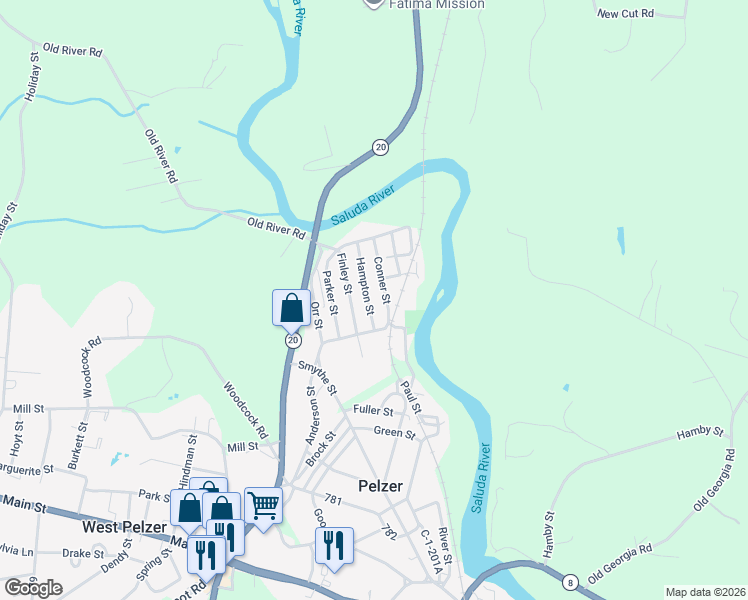 map of restaurants, bars, coffee shops, grocery stores, and more near 119 Hampton Street in Pelzer