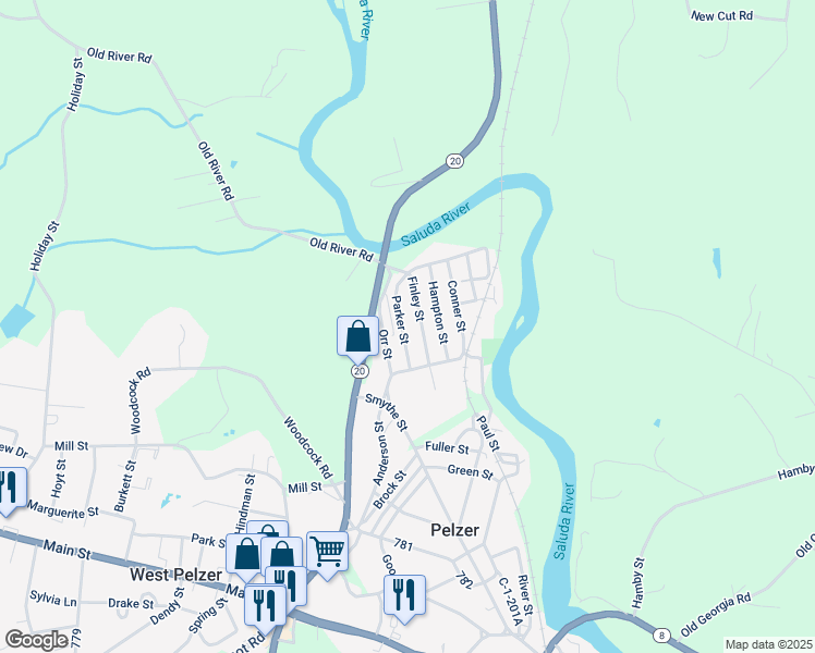 map of restaurants, bars, coffee shops, grocery stores, and more near 9 Parker Street in Pelzer