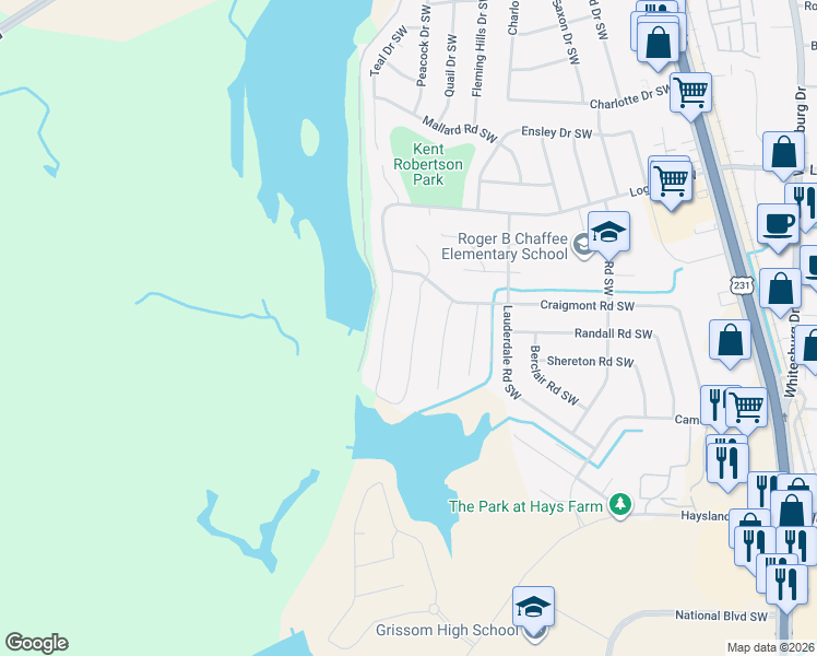 map of restaurants, bars, coffee shops, grocery stores, and more near 7510 Clubfield Drive Southwest in Huntsville