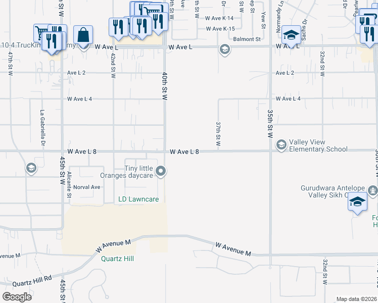 map of restaurants, bars, coffee shops, grocery stores, and more near West Avenue L8 in Lancaster