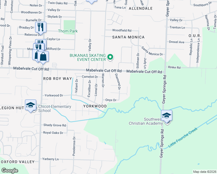 map of restaurants, bars, coffee shops, grocery stores, and more near 6623 Silver Court in Little Rock