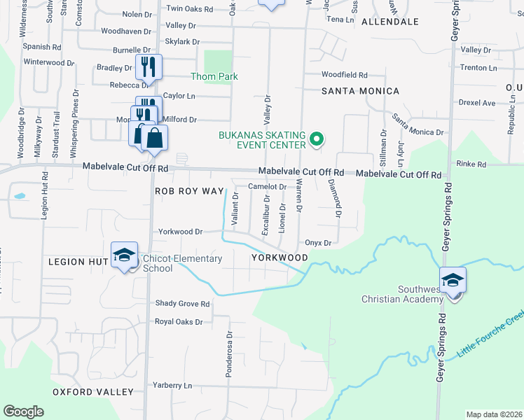 map of restaurants, bars, coffee shops, grocery stores, and more near 10708 Excalibur Drive in Little Rock