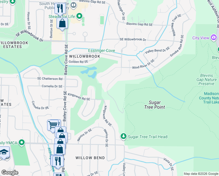 map of restaurants, bars, coffee shops, grocery stores, and more near 8027 Tea Garden Road Southeast in Huntsville