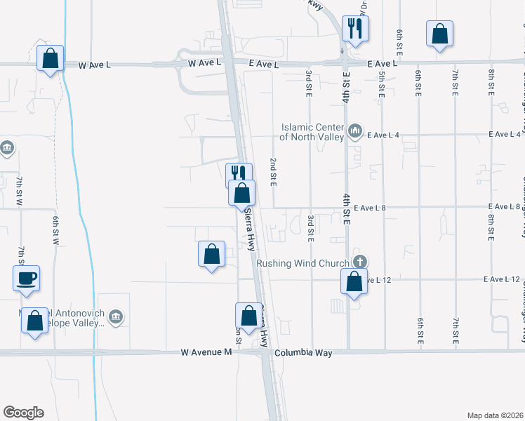 map of restaurants, bars, coffee shops, grocery stores, and more near 110 East Avenue L 8 in Lancaster