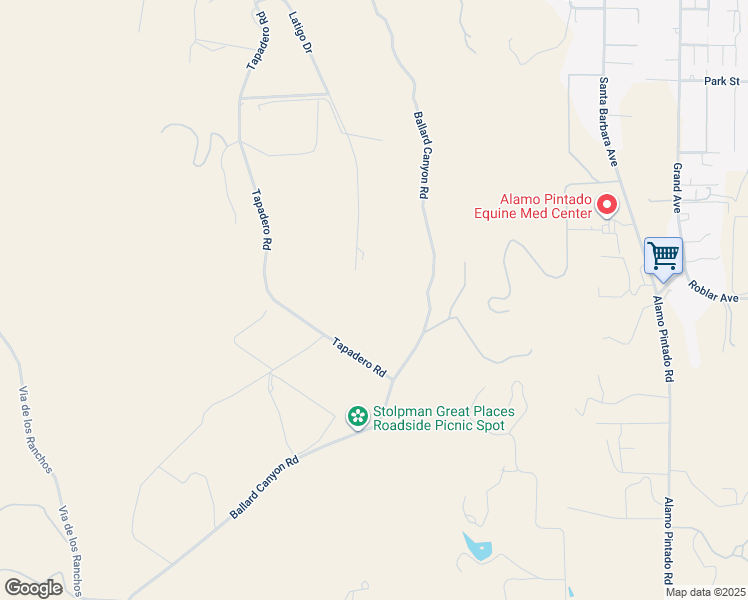 map of restaurants, bars, coffee shops, grocery stores, and more near 2408 Latigo Drive in Solvang