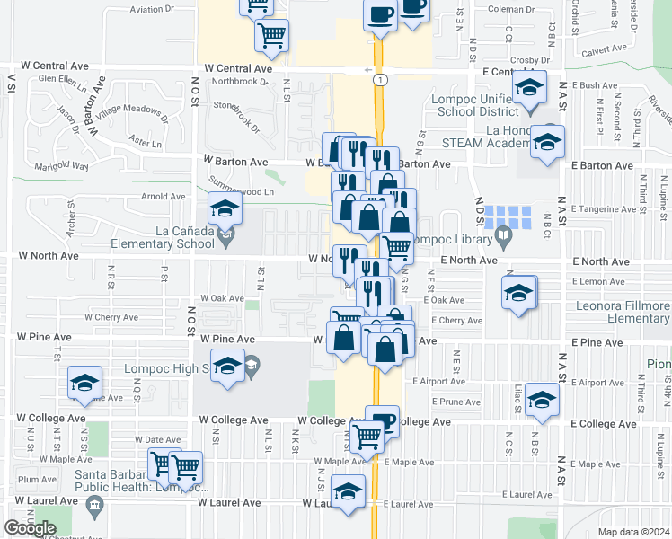map of restaurants, bars, coffee shops, grocery stores, and more near 937 North H Street in Lompoc