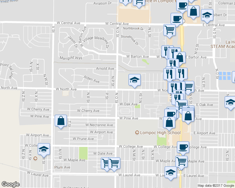 map of restaurants, bars, coffee shops, grocery stores, and more near 920 North O Street in Lompoc