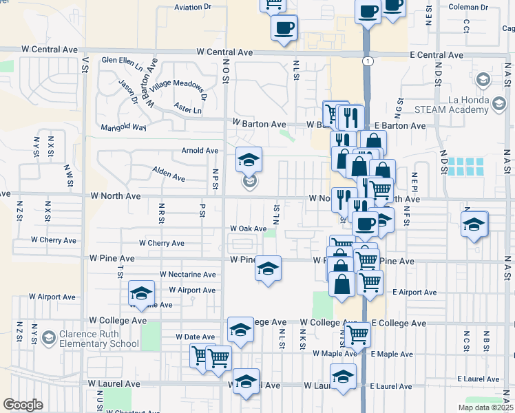 map of restaurants, bars, coffee shops, grocery stores, and more near 923 North M Place in Lompoc