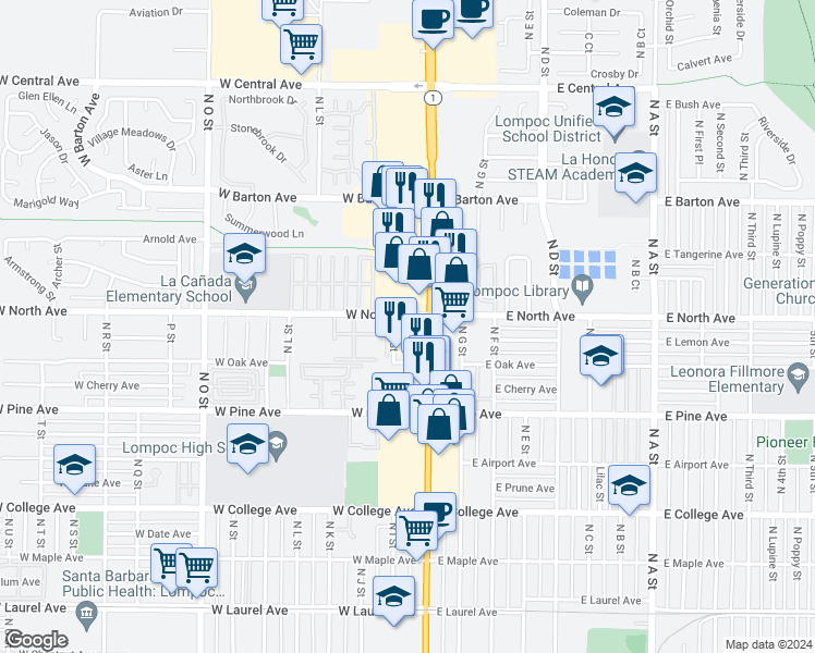 map of restaurants, bars, coffee shops, grocery stores, and more near 937 North H Street in Lompoc