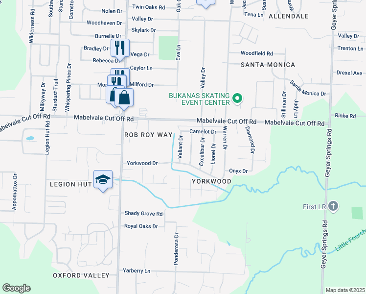 map of restaurants, bars, coffee shops, grocery stores, and more near 10709 Valiant Drive in Little Rock