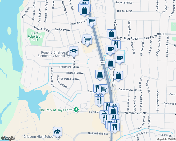 map of restaurants, bars, coffee shops, grocery stores, and more near 9014 Craigmont Road Southwest in Huntsville