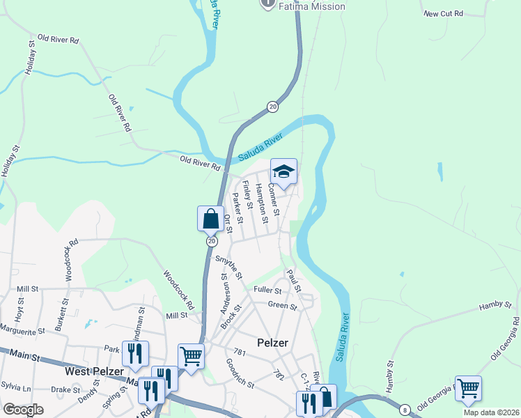 map of restaurants, bars, coffee shops, grocery stores, and more near 119 Hampton Street in Pelzer
