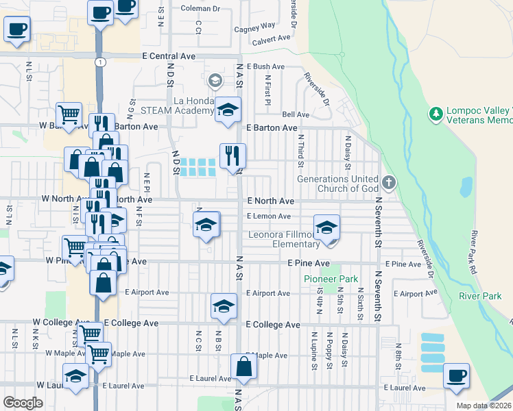 map of restaurants, bars, coffee shops, grocery stores, and more near 804 East North Avenue in Lompoc