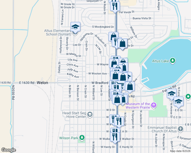 map of restaurants, bars, coffee shops, grocery stores, and more near 1418 North Willard Street in Altus