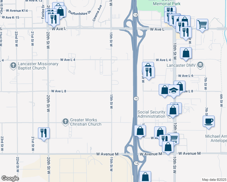 map of restaurants, bars, coffee shops, grocery stores, and more near West Avenue L8 in Lancaster