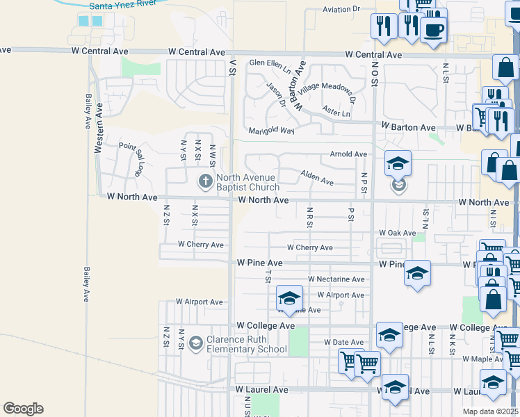 map of restaurants, bars, coffee shops, grocery stores, and more near 1428 West North Avenue in Lompoc