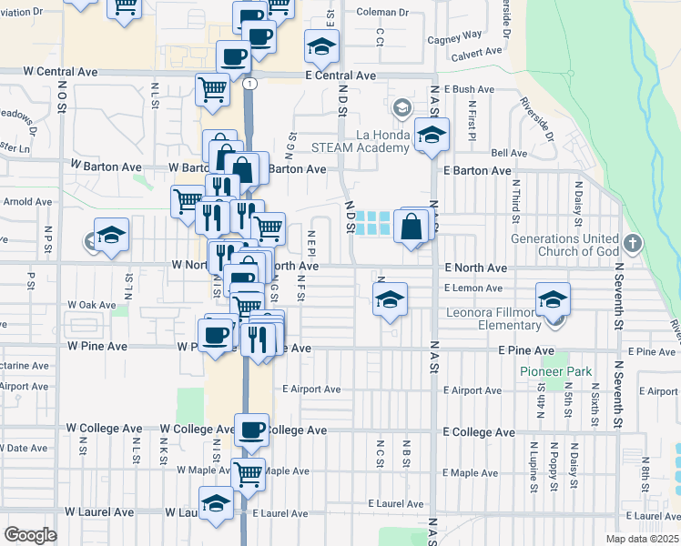 map of restaurants, bars, coffee shops, grocery stores, and more near 416 East North Avenue in Lompoc