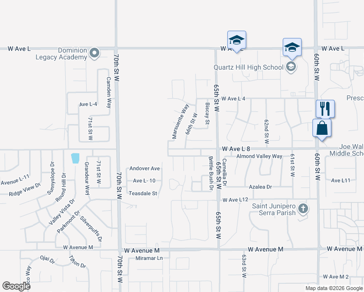 map of restaurants, bars, coffee shops, grocery stores, and more near 42409 66th Street West in Lancaster