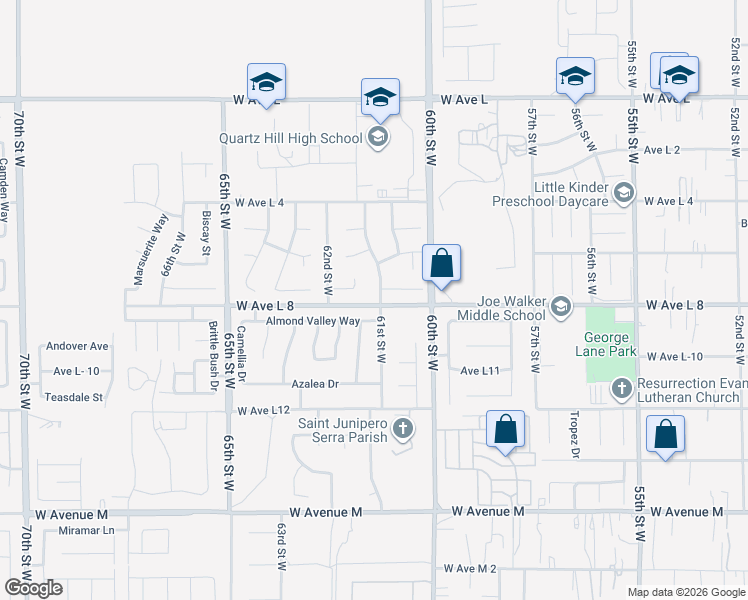 map of restaurants, bars, coffee shops, grocery stores, and more near 42401 61st Street West in Quartz Hill