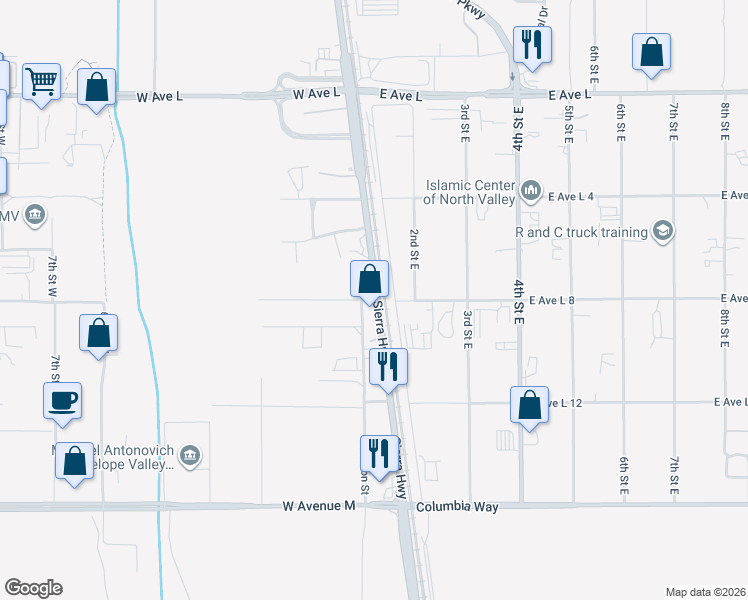map of restaurants, bars, coffee shops, grocery stores, and more near 23 West Avenue L8 in Lancaster