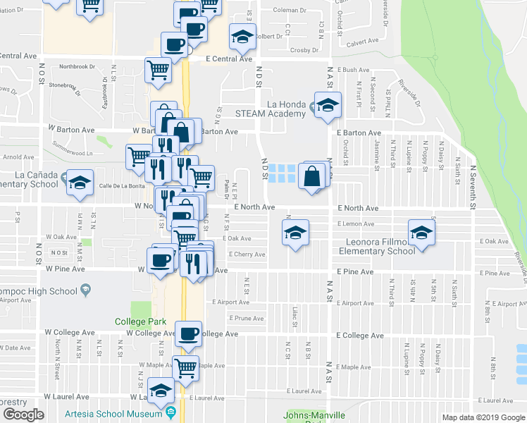 map of restaurants, bars, coffee shops, grocery stores, and more near 416 East North Avenue in Lompoc