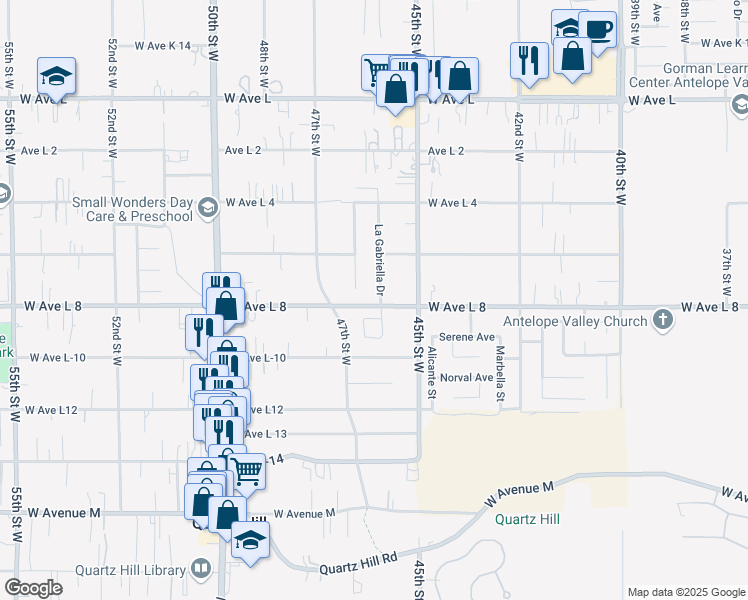 map of restaurants, bars, coffee shops, grocery stores, and more near 42405 La Gabriella Drive in Quartz Hill