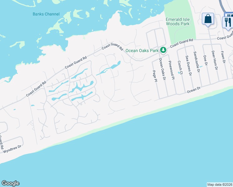 map of restaurants, bars, coffee shops, grocery stores, and more near 9907 Colonel Hansen Court in Emerald Isle