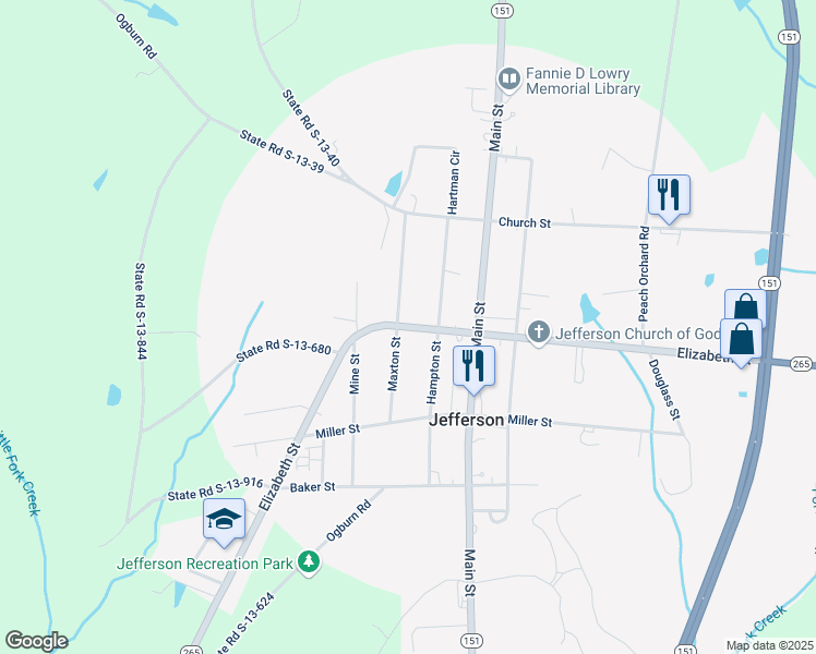map of restaurants, bars, coffee shops, grocery stores, and more near 215 Elizabeth Street in Jefferson