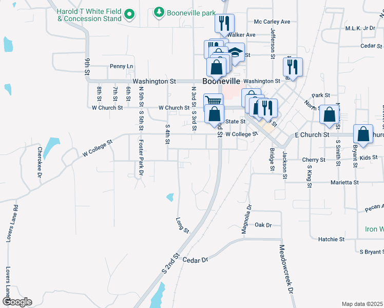 map of restaurants, bars, coffee shops, grocery stores, and more near 100 Comer Drive in Booneville