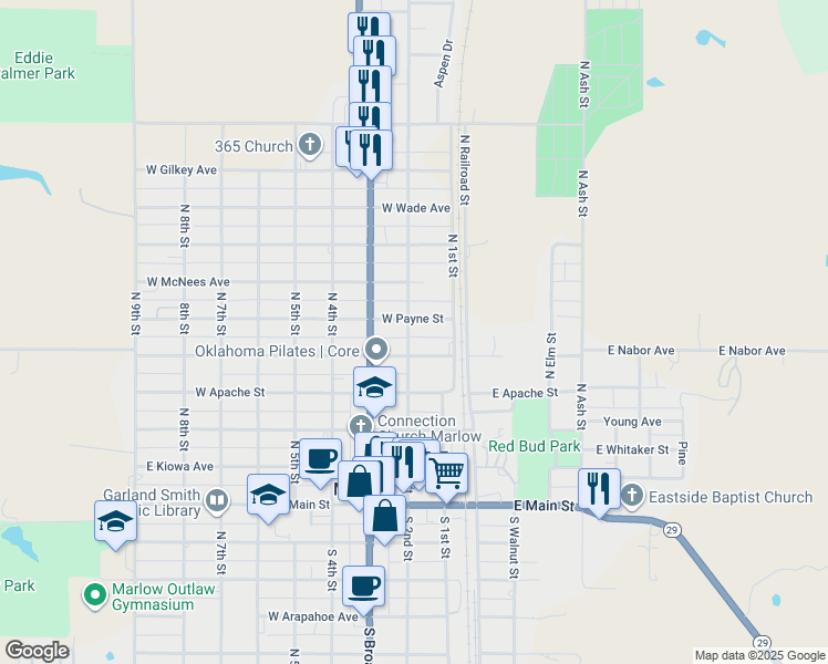 map of restaurants, bars, coffee shops, grocery stores, and more near 510 North 2nd Street in Marlow