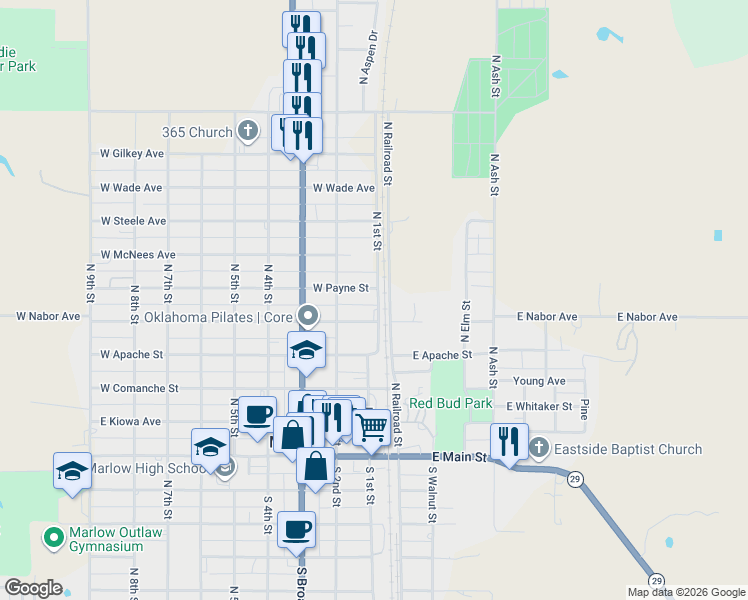 map of restaurants, bars, coffee shops, grocery stores, and more near 100 West Payne Street in Marlow