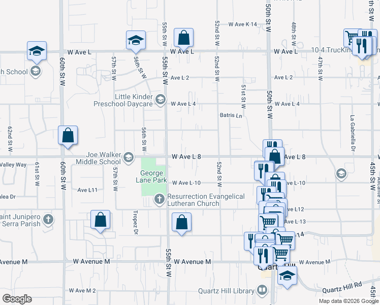 map of restaurants, bars, coffee shops, grocery stores, and more near 5309 West Avenue L8 in Lancaster