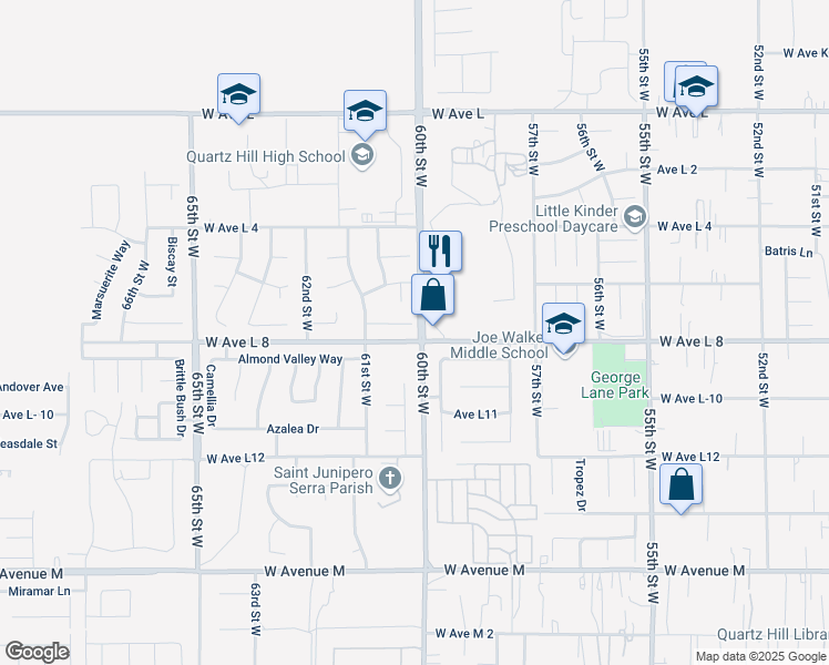 map of restaurants, bars, coffee shops, grocery stores, and more near 6002 Caleche Road in Quartz Hill