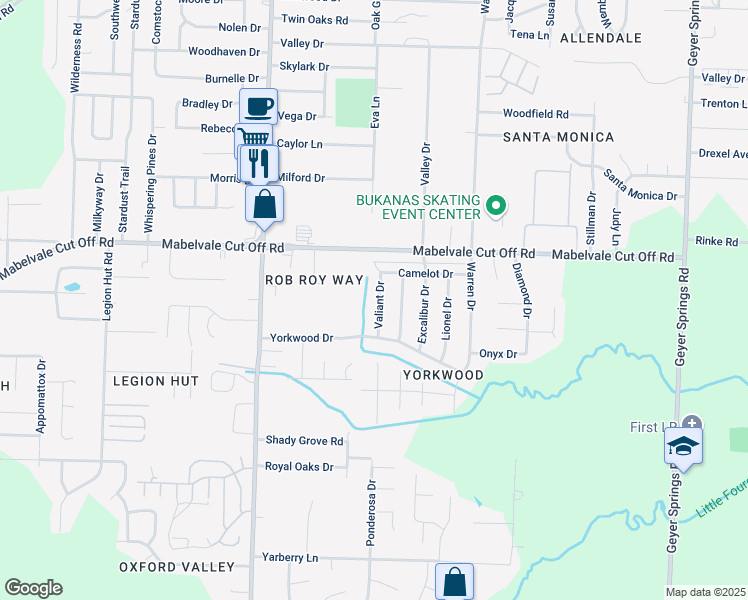 map of restaurants, bars, coffee shops, grocery stores, and more near 10709 Valiant Drive in Little Rock