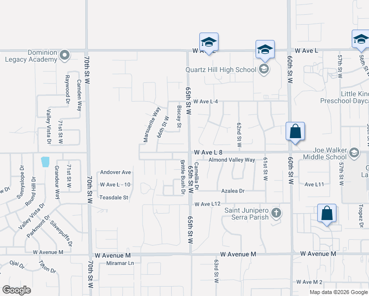 map of restaurants, bars, coffee shops, grocery stores, and more near 6514 Avenue L-7 in Lancaster