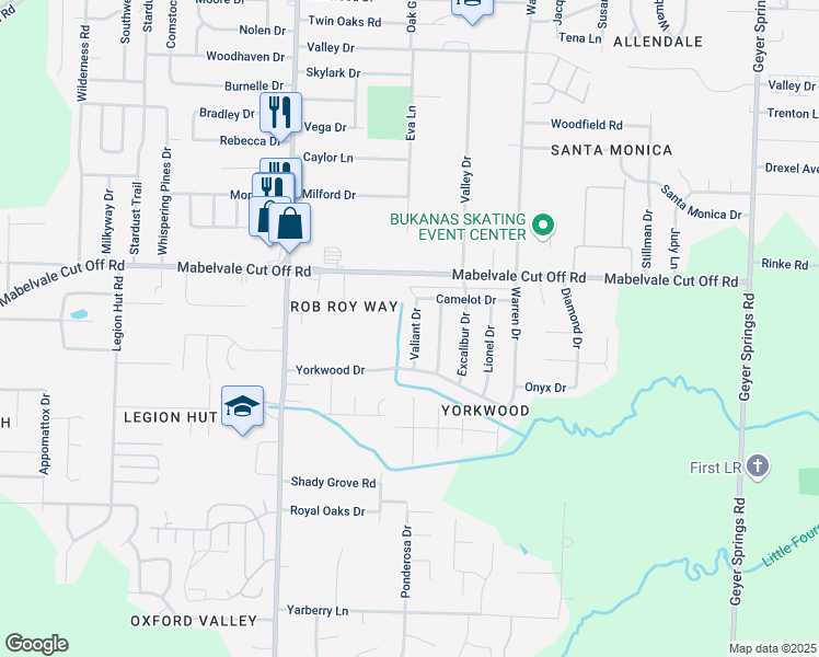 map of restaurants, bars, coffee shops, grocery stores, and more near 10709 Valiant Drive in Little Rock