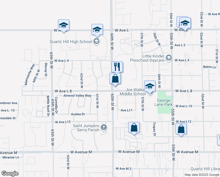 map of restaurants, bars, coffee shops, grocery stores, and more near 6002 Caleche Road in Quartz Hill