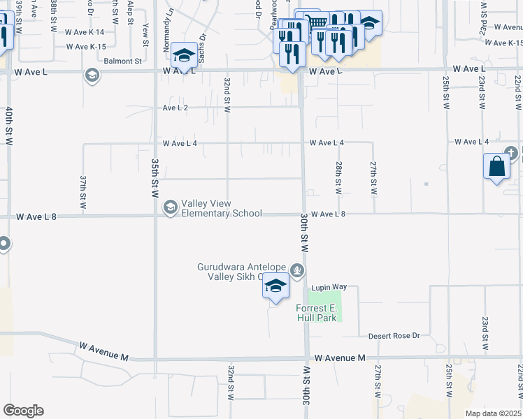 map of restaurants, bars, coffee shops, grocery stores, and more near 3103 West Avenue L 8 in Lancaster